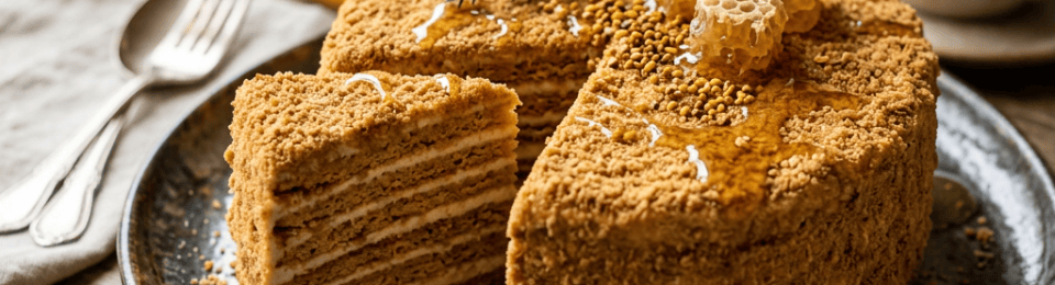 Layered honey cake topped with honeycomb beside tea and honey