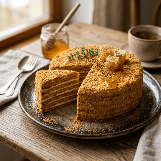 Layered honey cake topped with honeycomb beside tea and honey