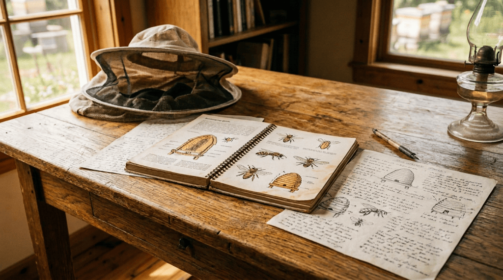 Open beekeeping guide with bee illustrations, notes, magnifying glass, and protective hat