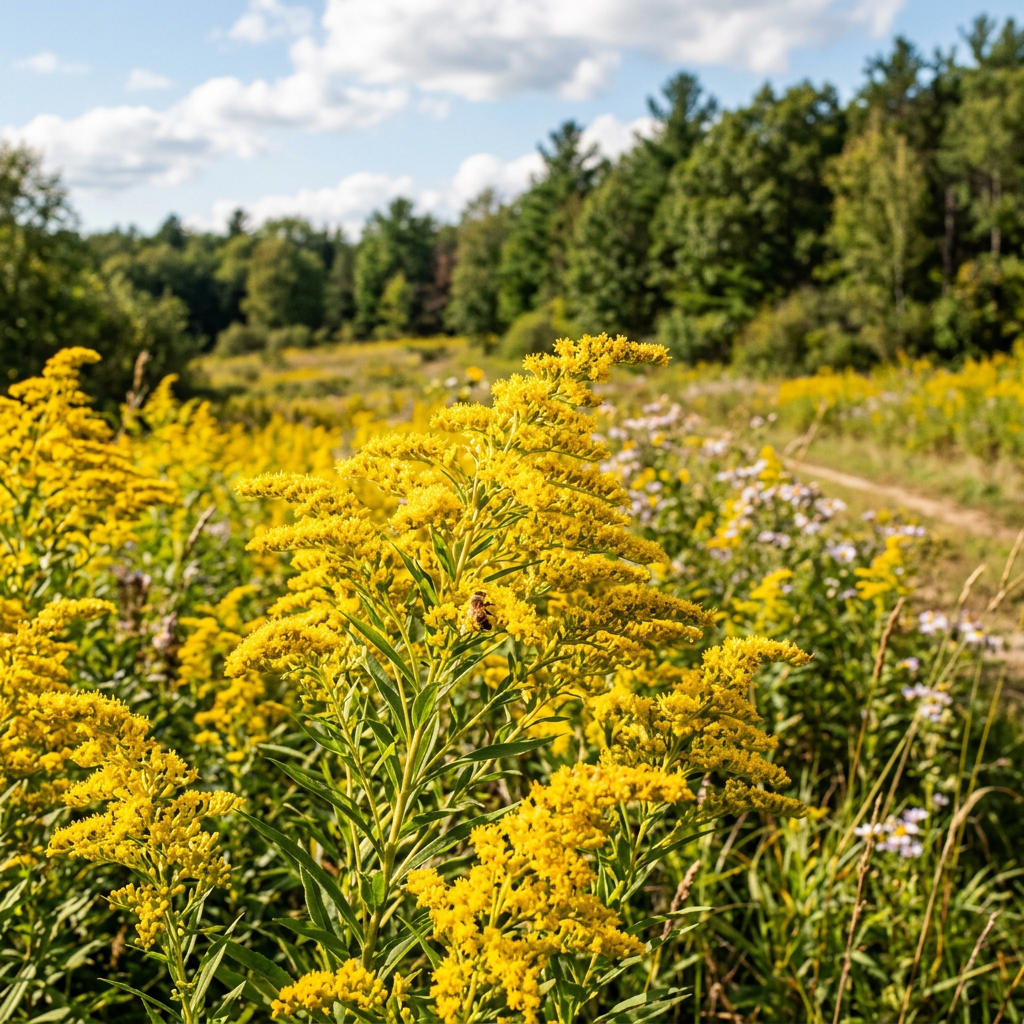 Goldenrod flowers blooming in a meadow beside a woodland trail