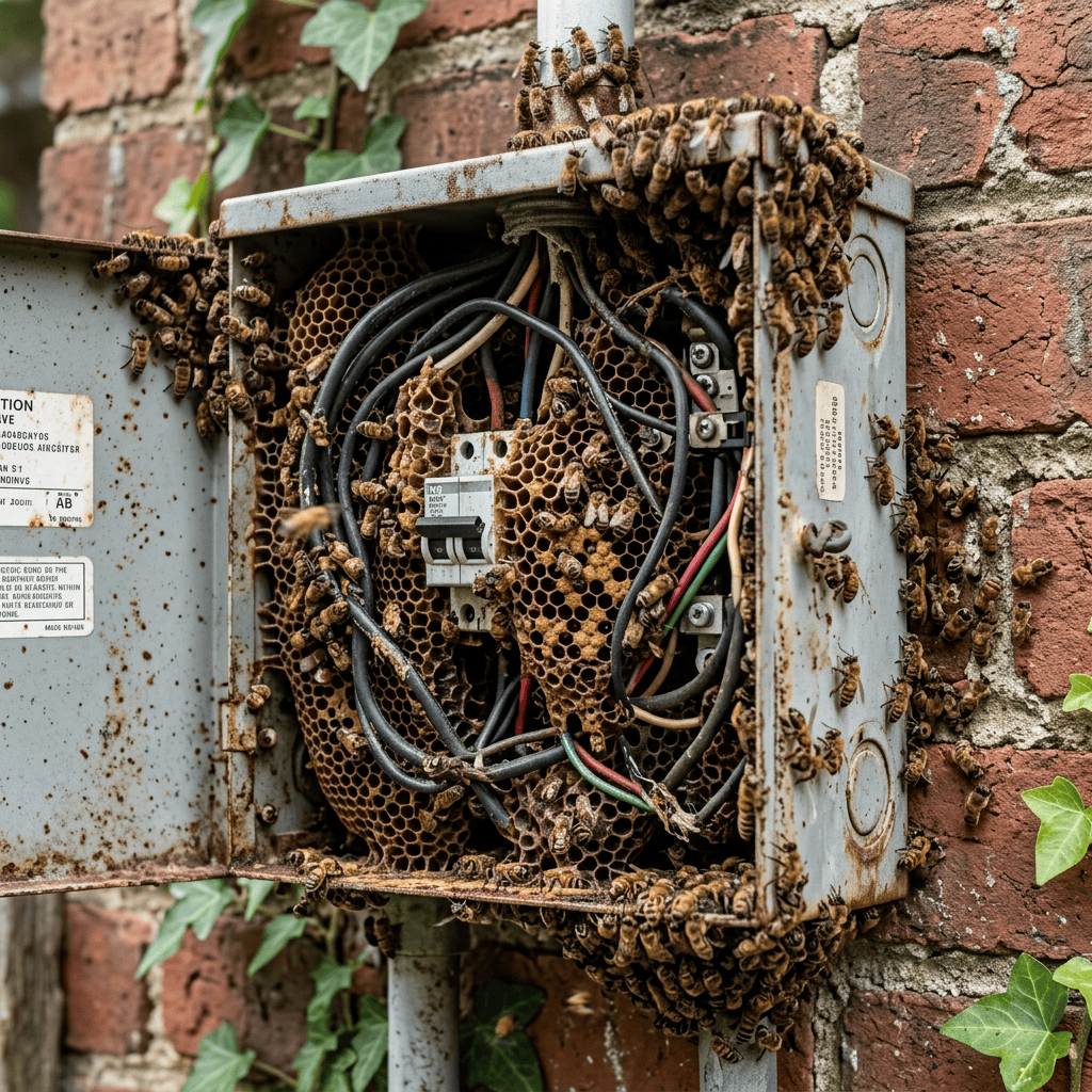 Honeybees and honeycomb fill an open electrical box on a brick wall